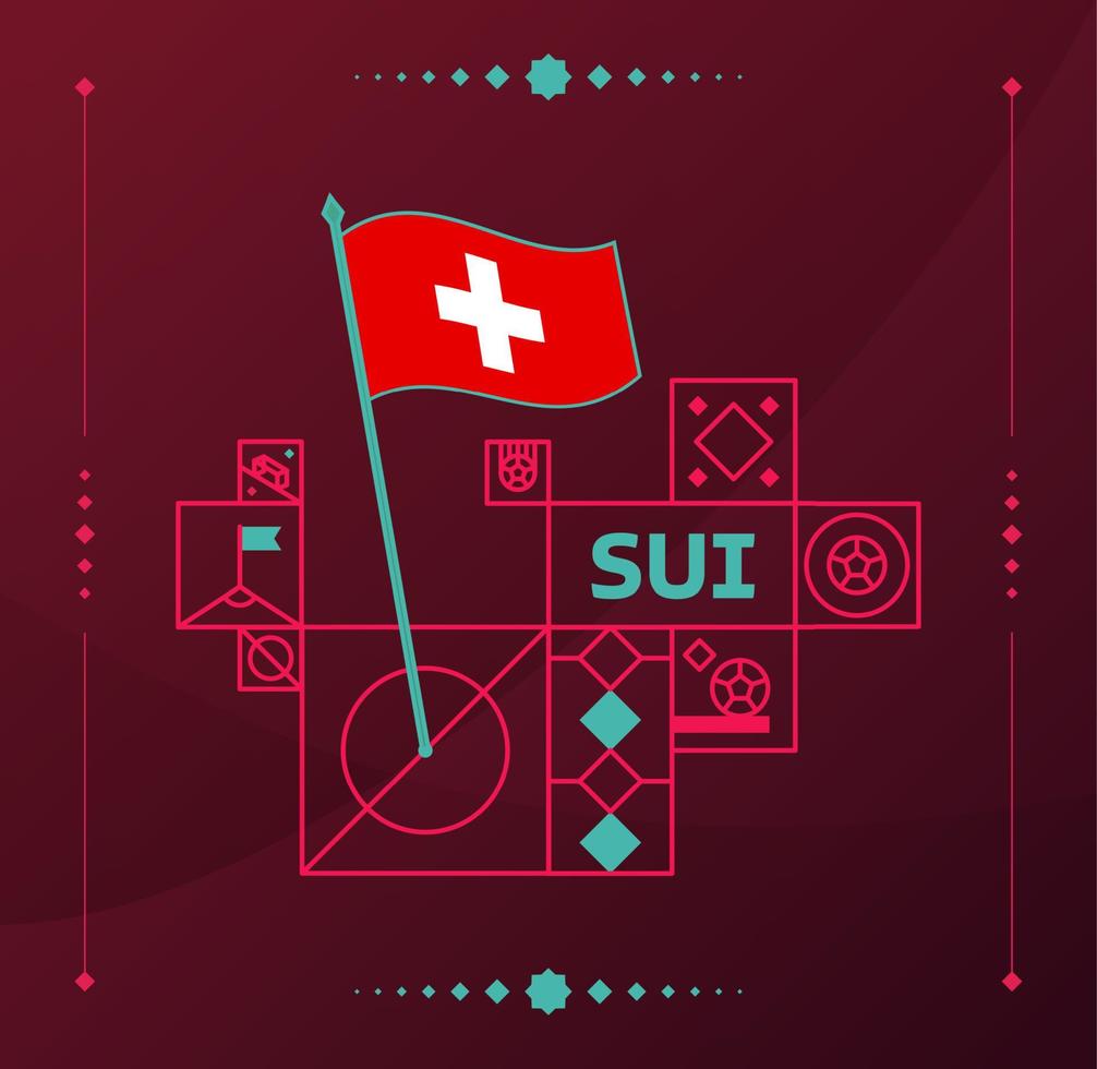 switzerland world football tournament 2022 vector wavy flag pinned to a soccer field with design elements. World football 2022 tournament final stage. Non Official championship colors and style.