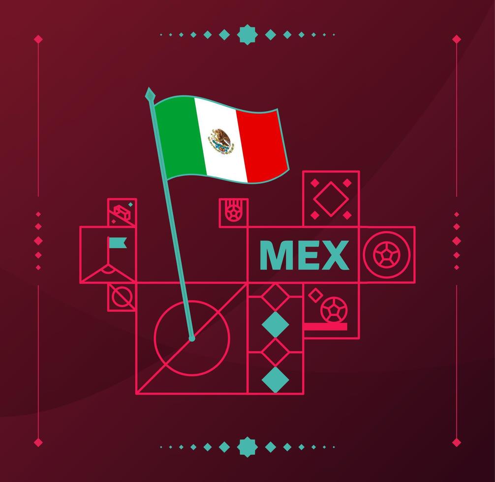 torneo mundial de fútbol de méxico 2022 bandera ondulada vectorial fijada a un campo de fútbol con elementos de diseño. Fase final del torneo mundial de fútbol 2022. colores y estilo del campeonato no oficiales. vector