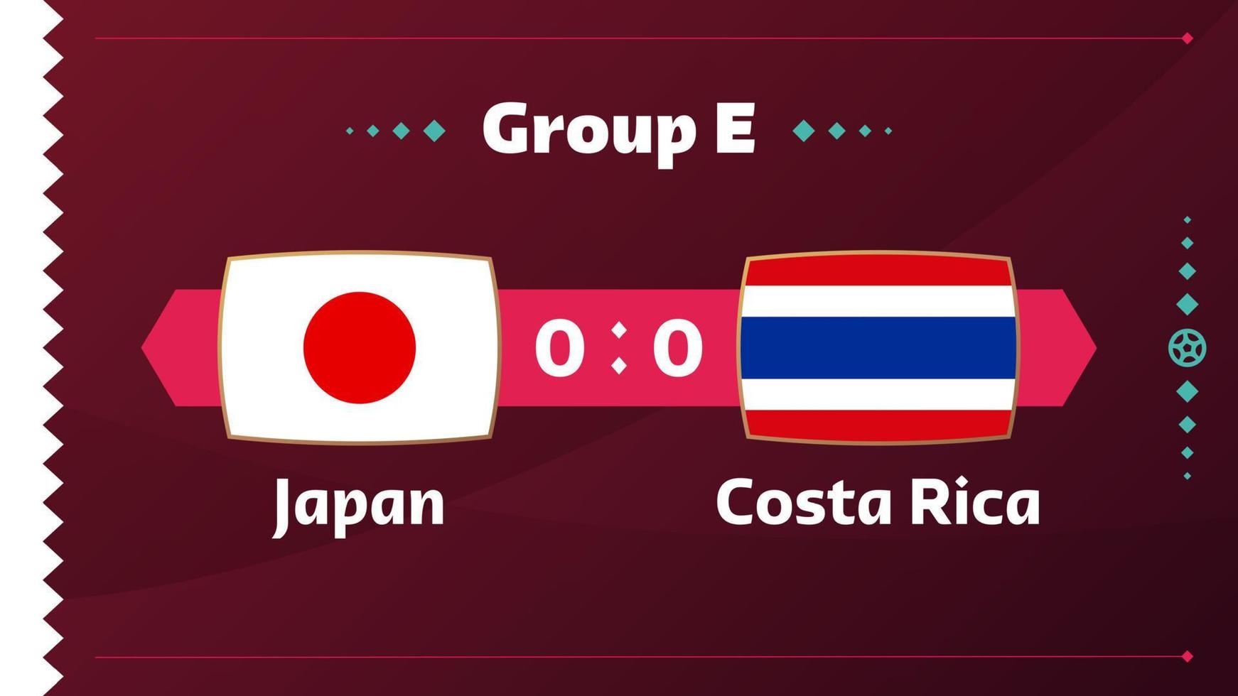 partido japón vs costa rica. partido del campeonato mundial de fútbol 2022 contra equipos en el campo de fútbol. fondo deportivo de introducción, póster final de la competición del campeonato, ilustración vectorial de estilo plano vector