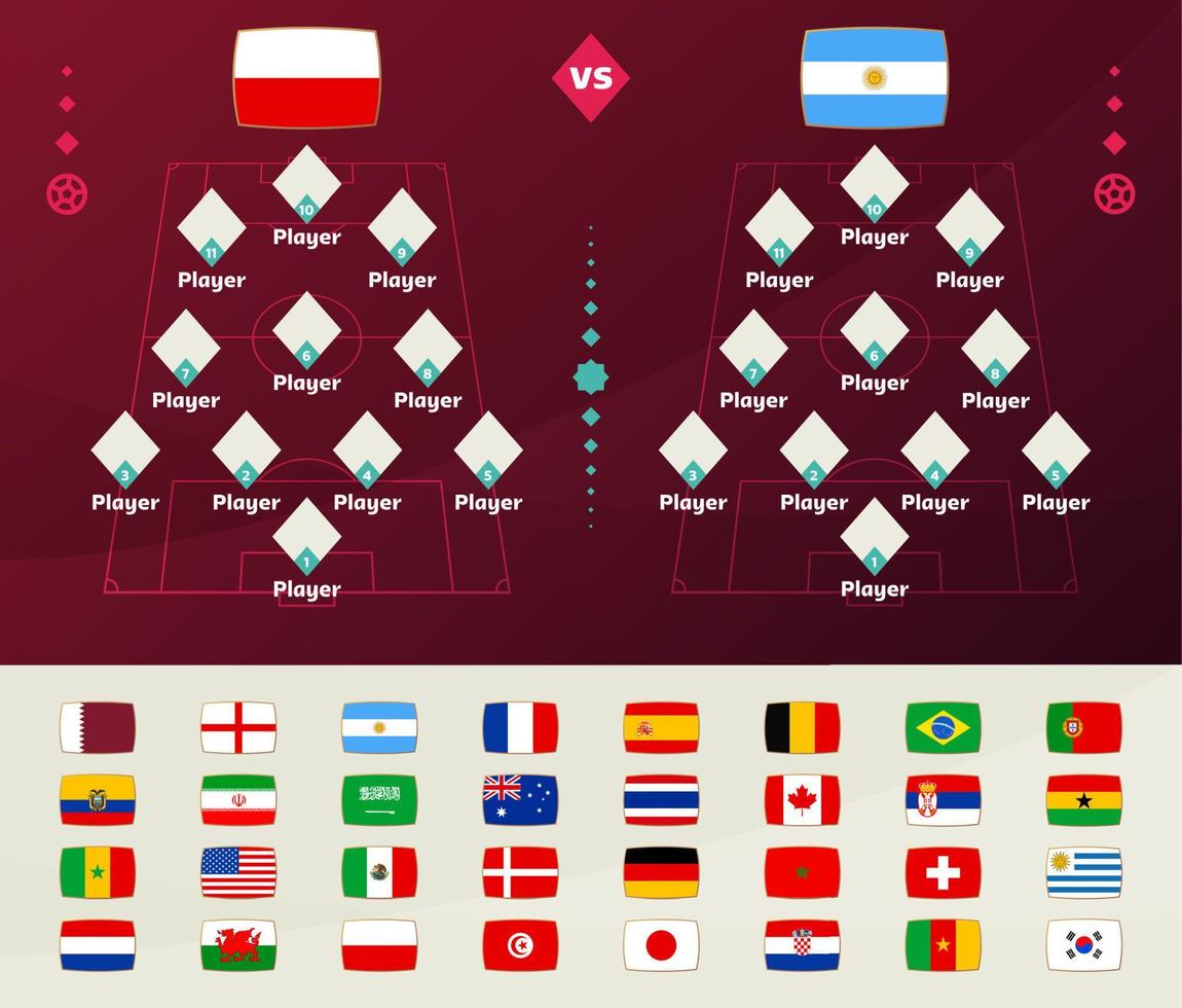 World Football 2022 playoff match schedule with groups and national flags.  Tournament bracket. 2022 Football results table, participating to the final  championship knockout. vector illustration 12506030 Vector Art at Vecteezy