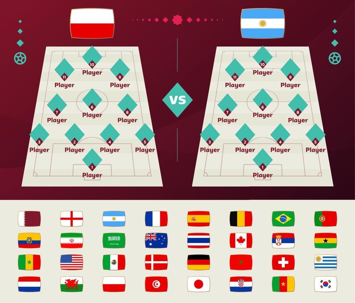 partido de fútbol versus set. Partido de campeonato mundial de fútbol de playoffs 2022 contra equipos en el campo de fútbol. fondo deportivo de introducción, póster final de la competición del campeonato, ilustración vectorial de estilo plano vector