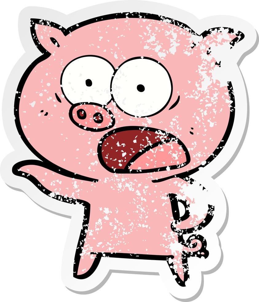 distressed sticker of a cartoon pig shouting vector