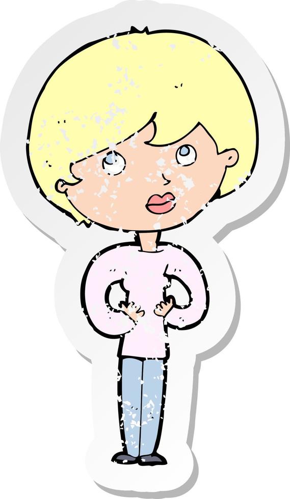 retro distressed sticker of a cartoon woman making Who Me gesture vector