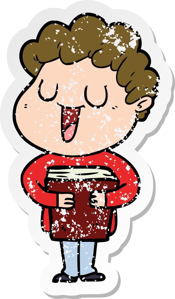 distressed sticker of a laughing cartoon man with book vector