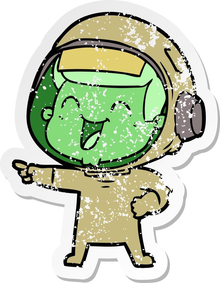 distressed sticker of a happy cartoon astronaut vector