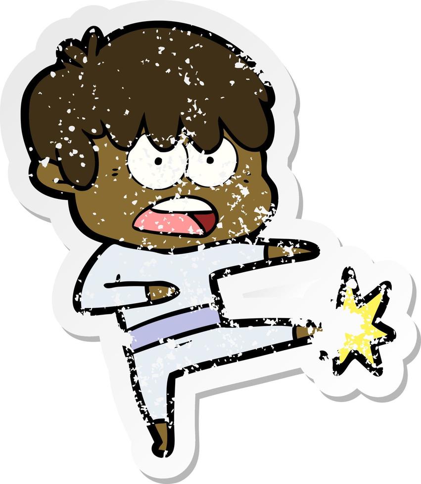 distressed sticker of a worried cartoon boy vector