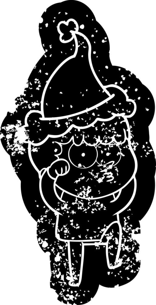 cartoon distressed icon of a curious boy rubbing eyes in disbelief wearing santa hat vector