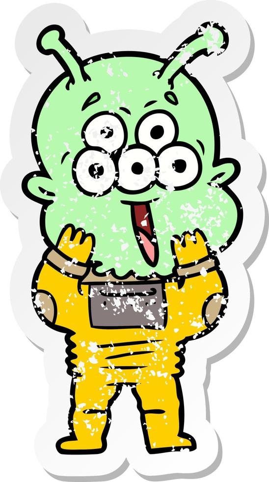distressed sticker of a happy cartoon alien vector
