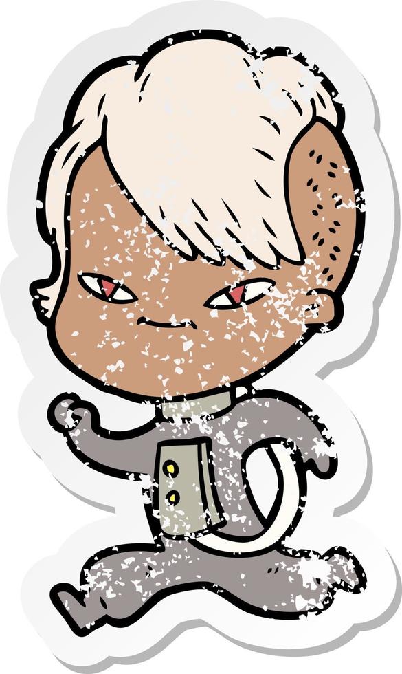 distressed sticker of a cute cartoon girl with hipster haircut vector