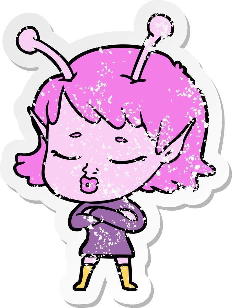 distressed sticker of a cute alien girl cartoon vector