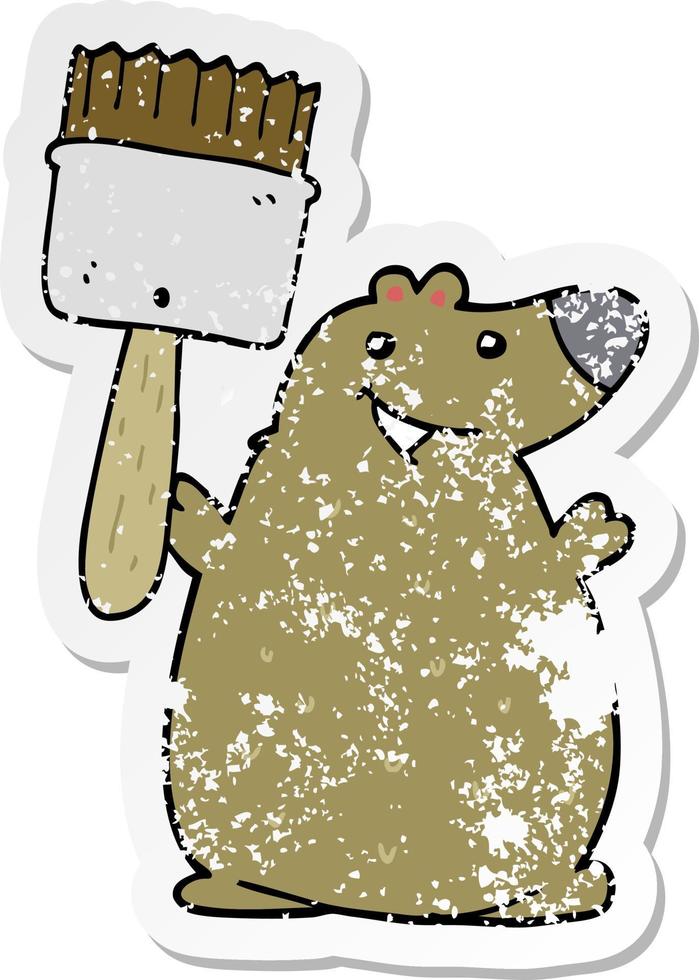 distressed sticker of a cartoon bear with paint brush vector