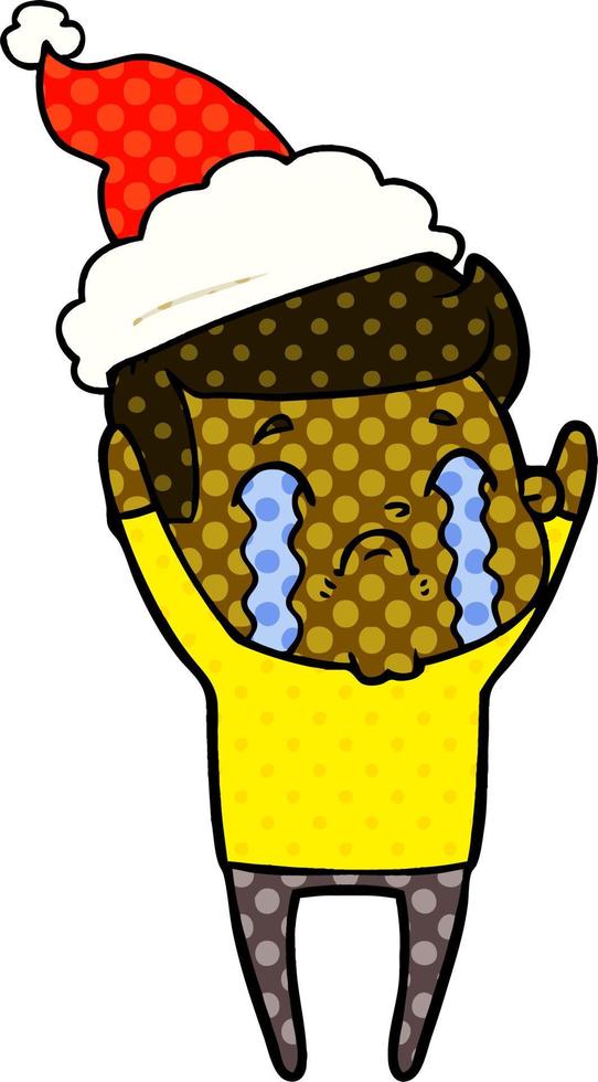 comic book style illustration of a man crying wearing santa hat vector
