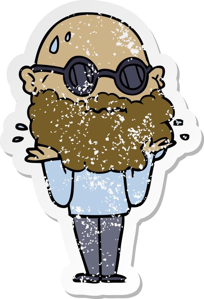distressed sticker of a cartoon worried man with beard and sunglasses vector