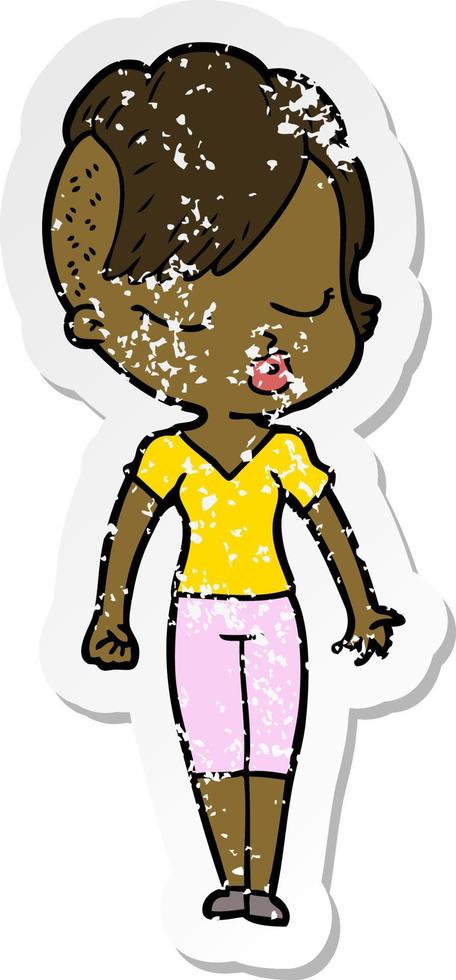 distressed sticker of a cartoon pretty hipster girl vector