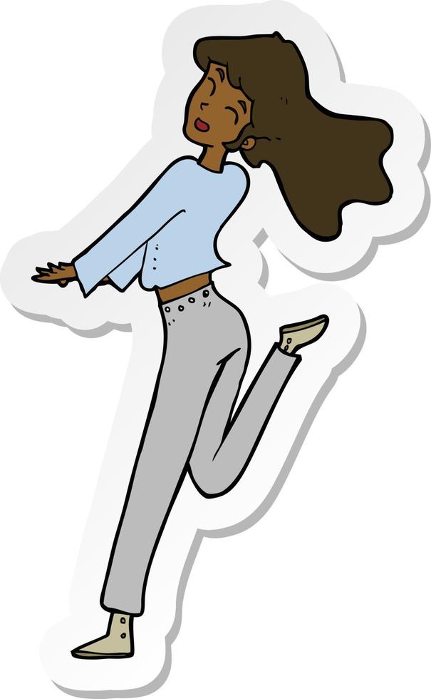 sticker of a cartoon happy girl kicking out leg vector