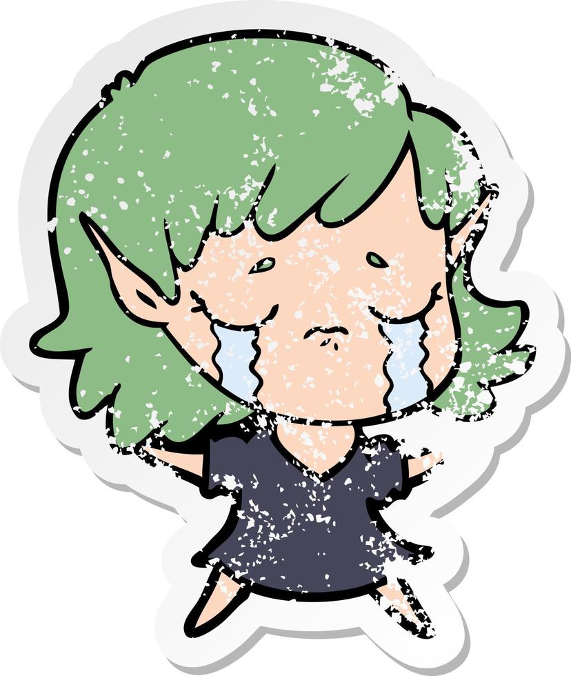 distressed sticker of a cartoon crying elf girl vector