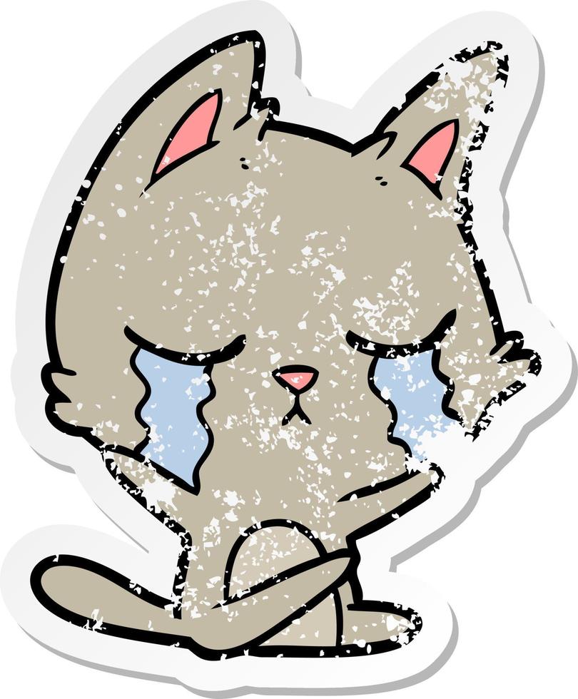 distressed sticker of a crying cartoon cat vector