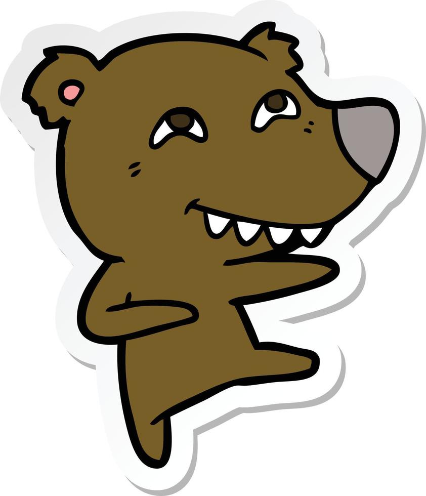 pegatina de un oso de dibujos animados que muestra los dientes mientras baila vector
