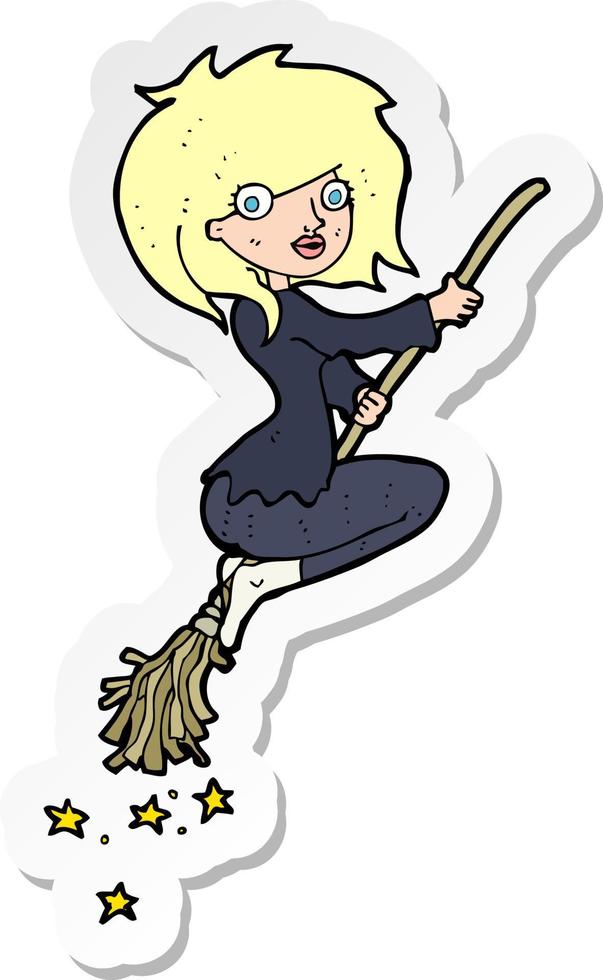 sticker of a cartoon witch riding broomstick vector