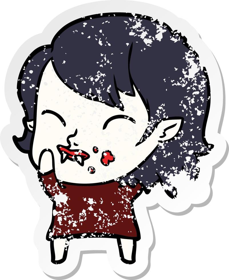 distressed sticker of a cartoon vampire girl with blood on cheek vector