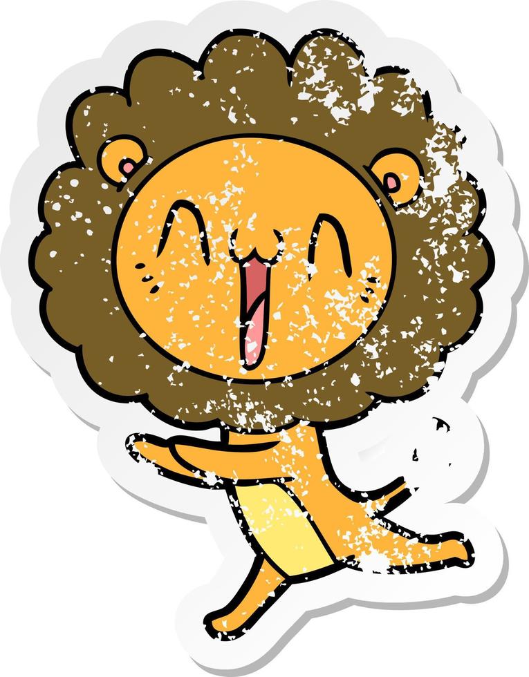 distressed sticker of a happy cartoon lion vector