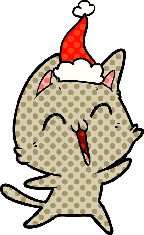 happy comic book style illustration of a cat wearing santa hat vector