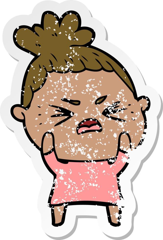 distressed sticker of a cartoon angry woman vector