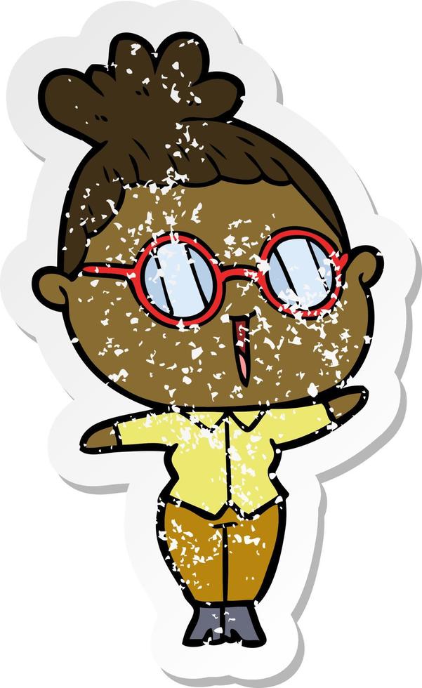 distressed sticker of a cartoon woman wearing spectacles vector