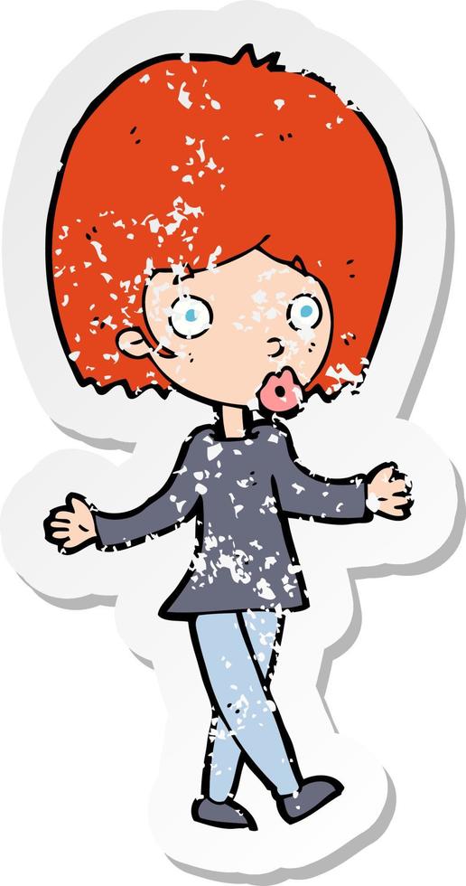 retro distressed sticker of a cartoon confused woman vector