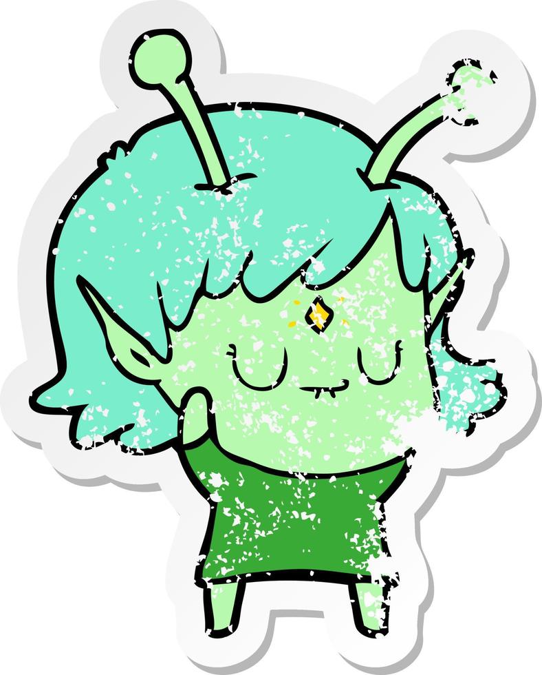 distressed sticker of a cartoon alien girl vector