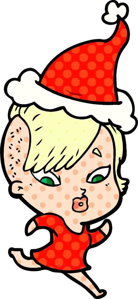 comic book style illustration of a surprised girl wearing santa hat vector