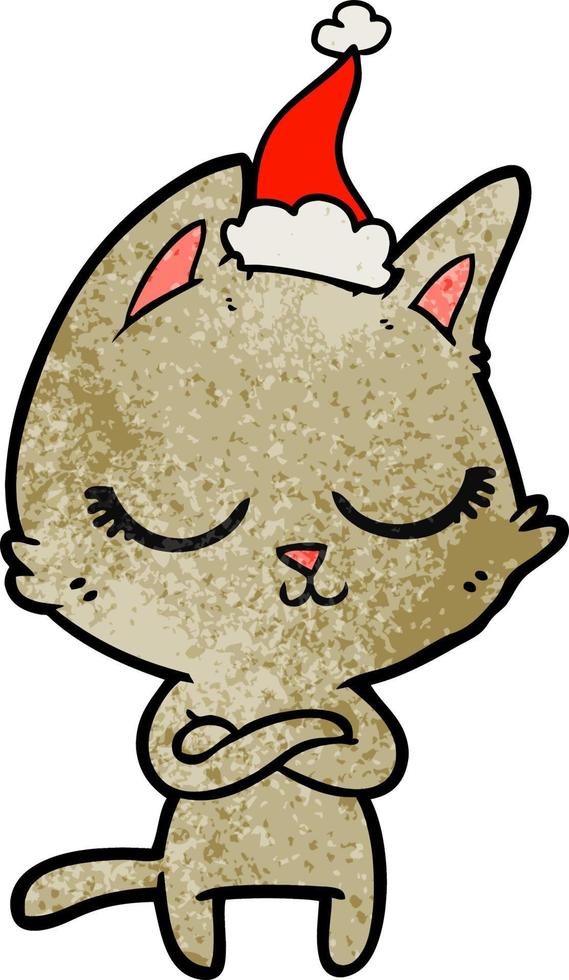 calm textured cartoon of a cat wearing santa hat vector