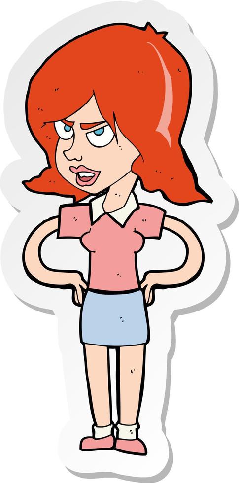sticker of a cartoon annoyed woman with hands on hips vector