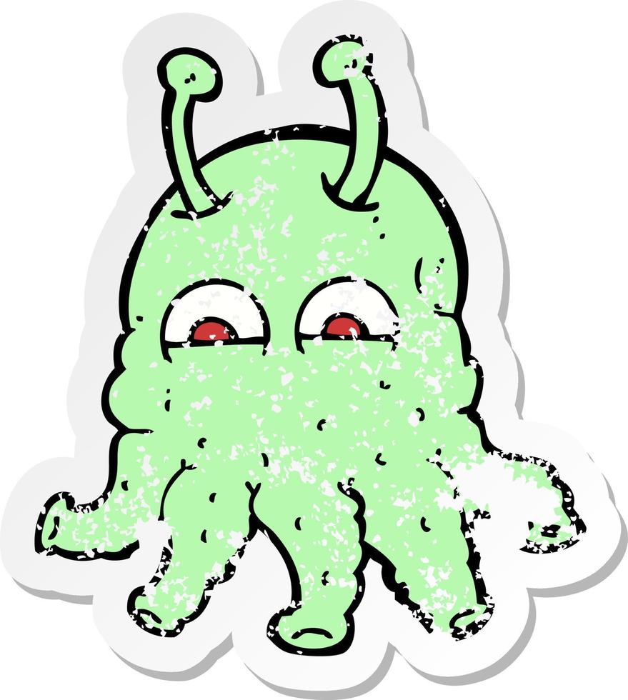 retro distressed sticker of a cartoon space alien vector