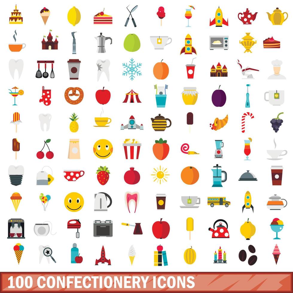 100 iconos de confitería, estilo plano vector