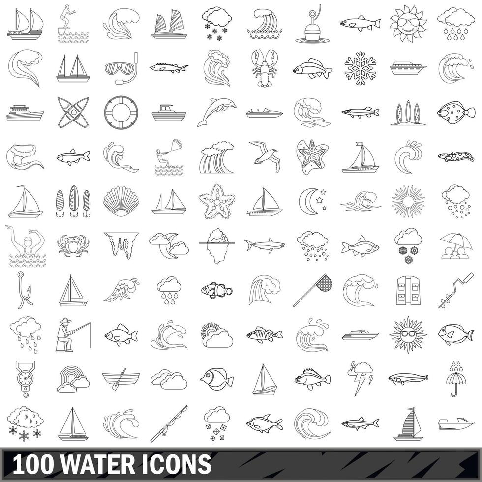 100 iconos de agua, estilo de esquema vector