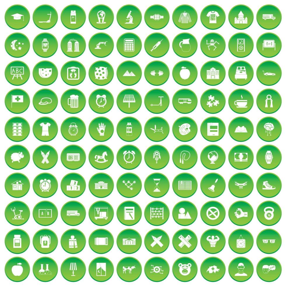 100 alarm clock icons set green circle vector