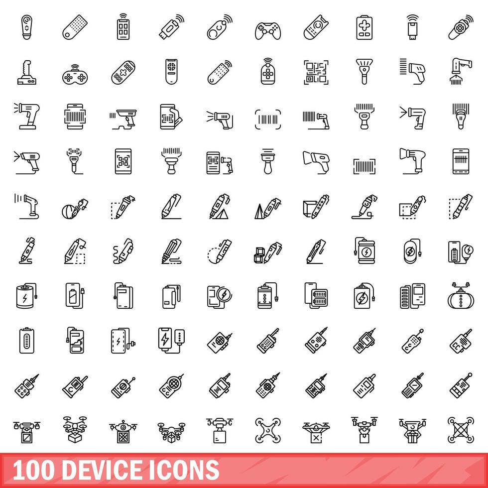 100 device icons set, outline style vector