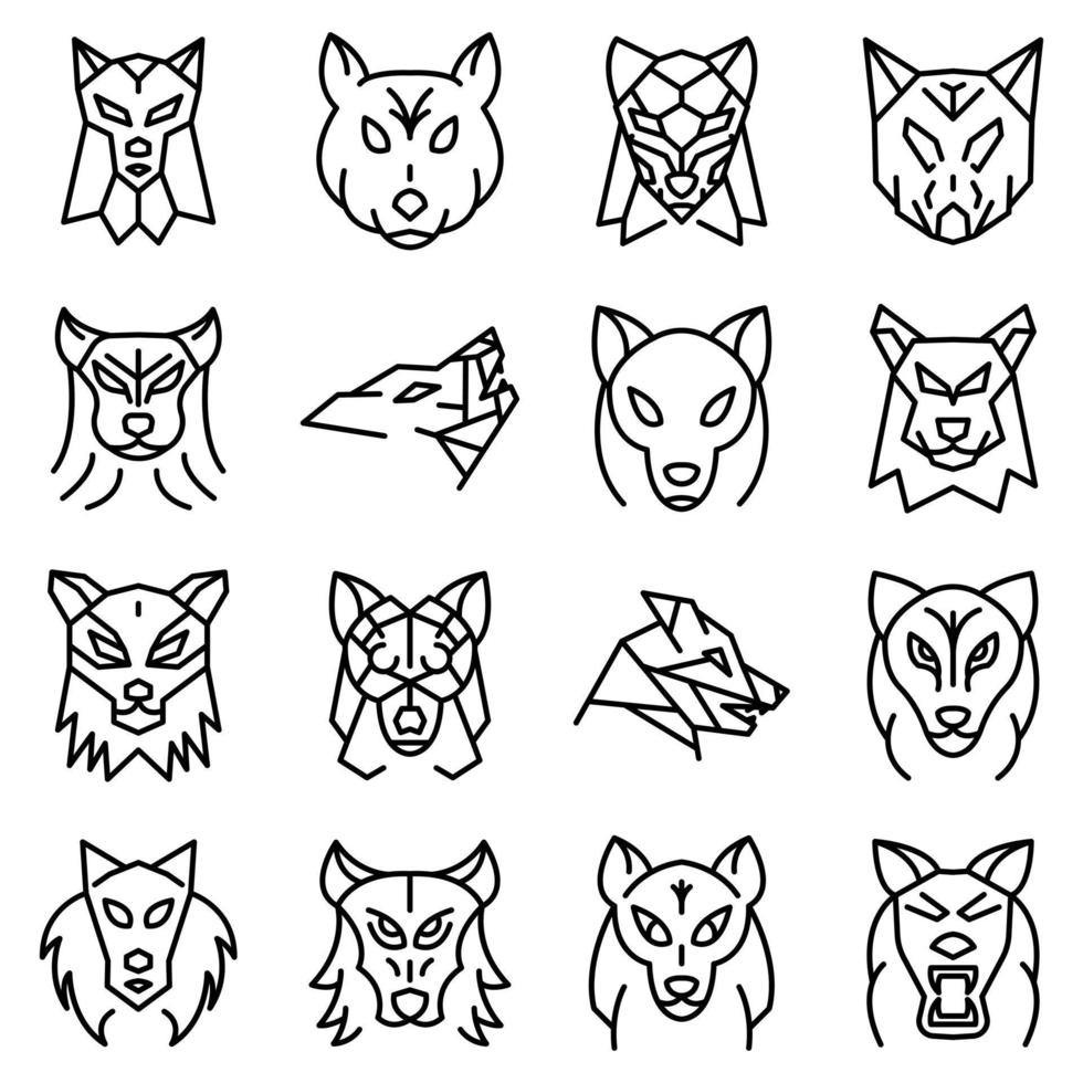 Wolf icons set, outline style vector