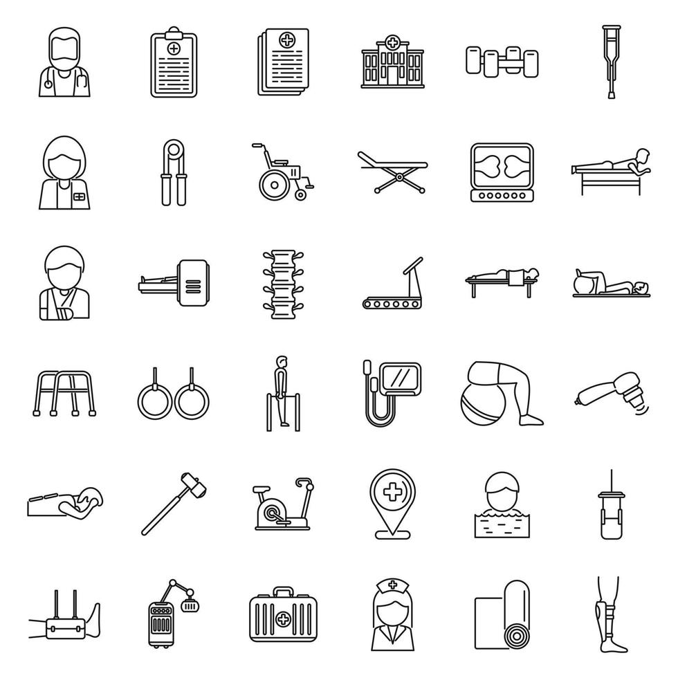 Physical therapist icons set outline vector.Woman disability vector