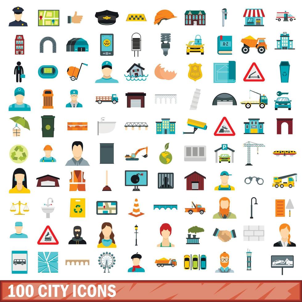 100 city icons set, flat style vector