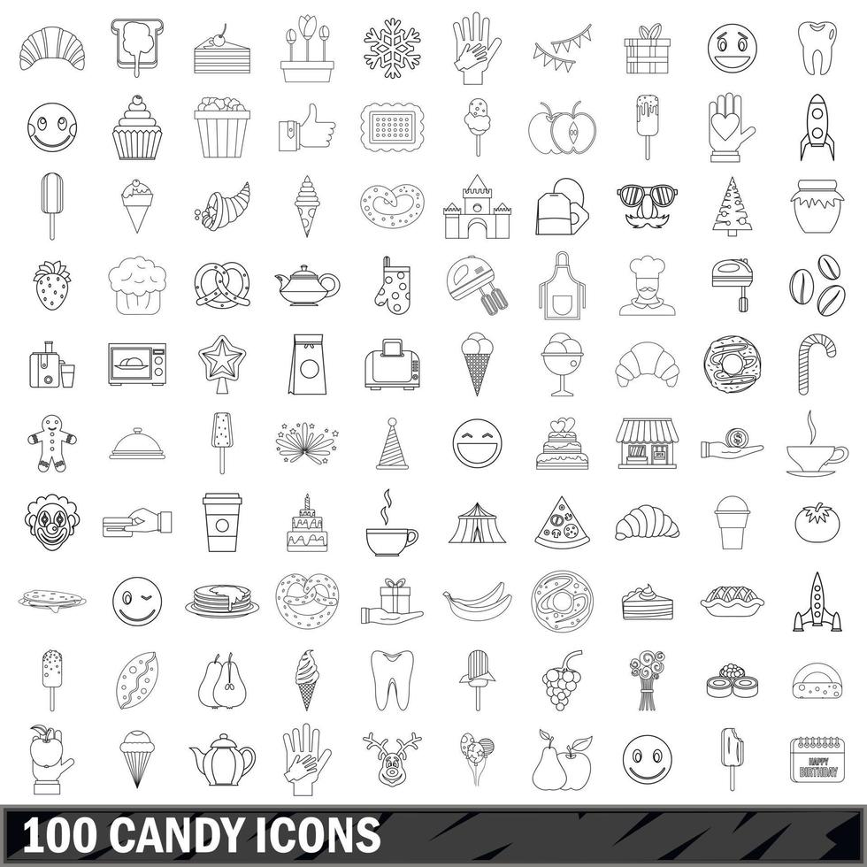 100 candy icons set, outline style vector