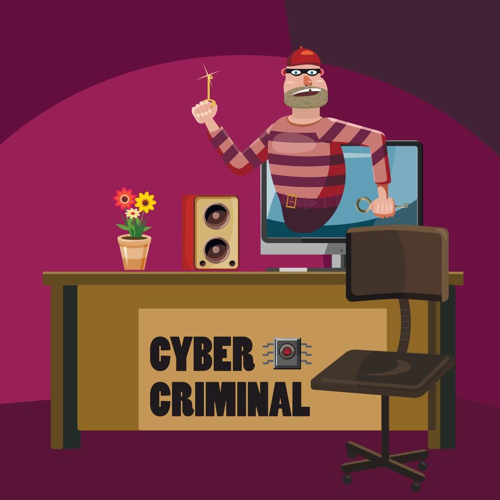 concepto de espionaje criminal de ataque cibernético, estilo de dibujos animados vector