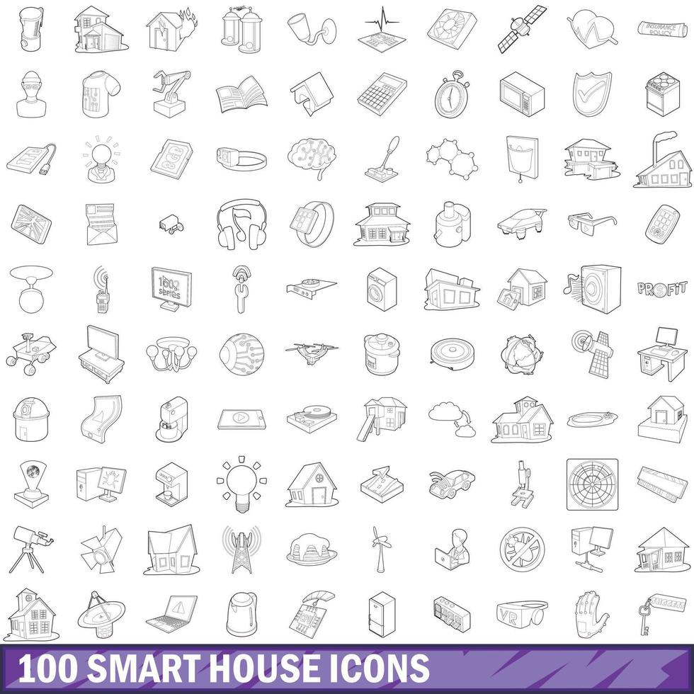 100 smart house icons set, outline style vector