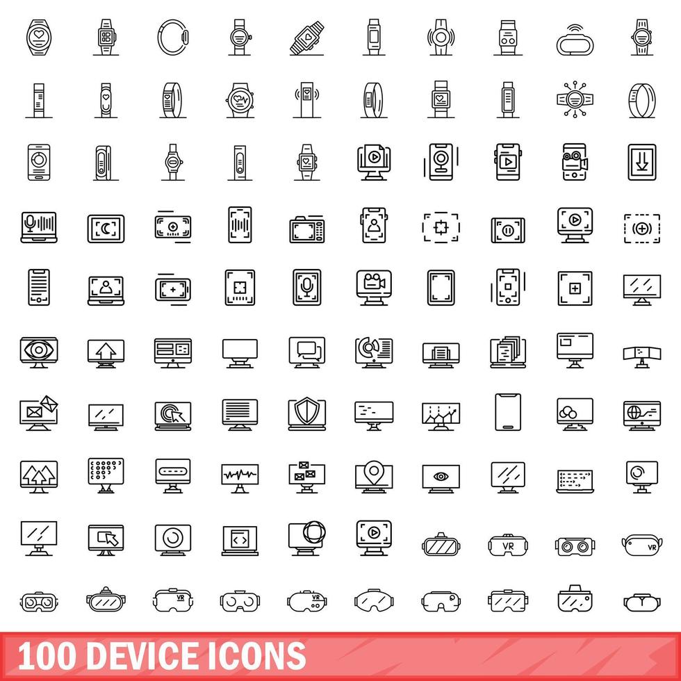 100 device icons set, outline style vector