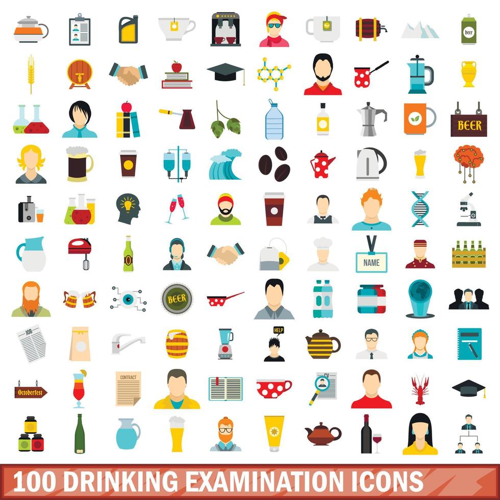 100 drinking examination icons set, flat style vector