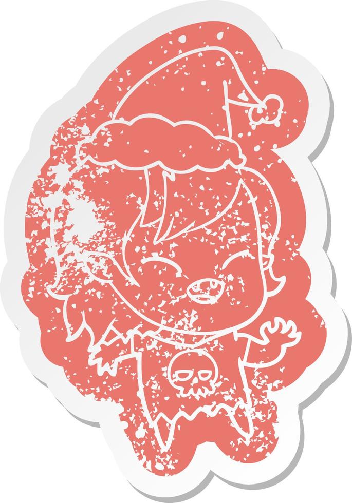 cartoon distressed sticker of a laughing vampire girl wearing santa hat vector