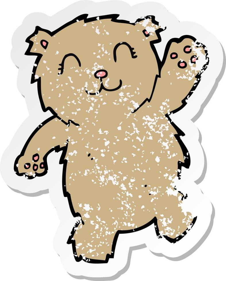 retro distressed sticker of a cartoon waving teddy bear vector