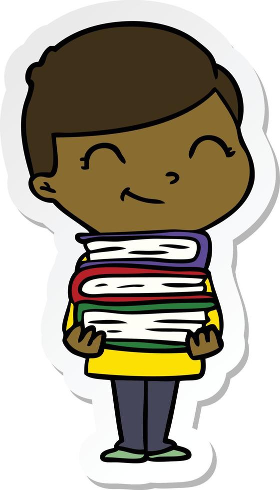 sticker of a cartoon boy with books smiling vector