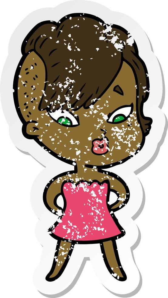 distressed sticker of a cartoon surprised girl vector